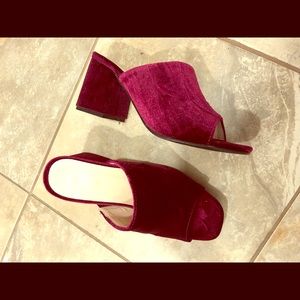 Heeled mule sandals, dark plum suede, size 6
